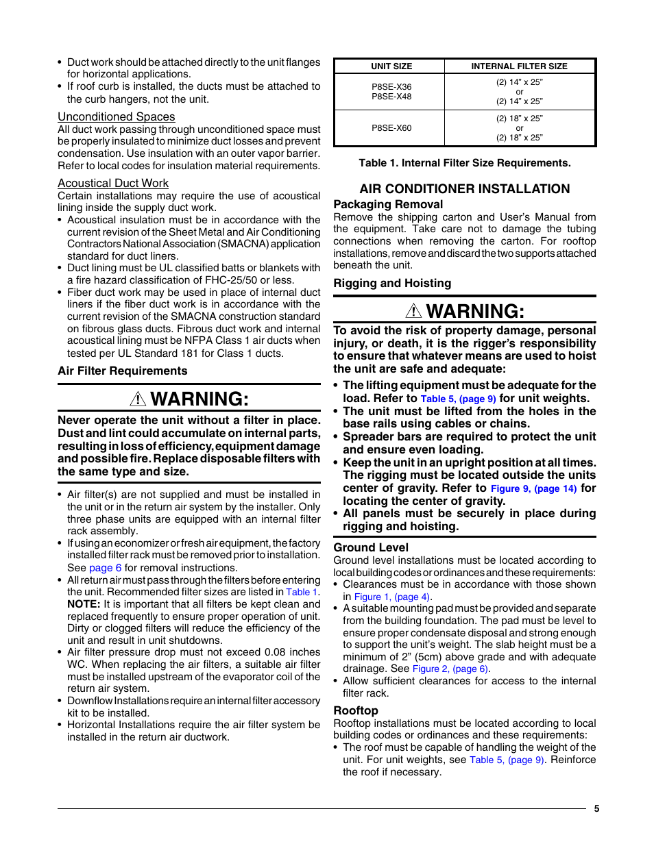 Unconditioned spaces, Acoustical duct work, Air filter requirements | Air conditioner installation, Packaging removal, Rigging and hoisting, Ground level, Rooftop, Unconditioned spaces acoustical duct work, Warning | Reznor P8SE Unit Installation Manual User Manual | Page 5 / 20