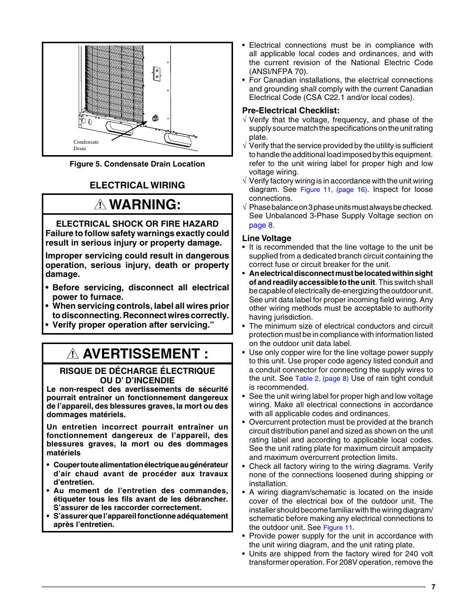 Electrical wiring, Pre-electrical checklist, Line voltage | Pre-electrical checklist: line voltage, Warning, Avertissement | Reznor P8SE Unit Installation Manual User Manual | Page 7 / 20