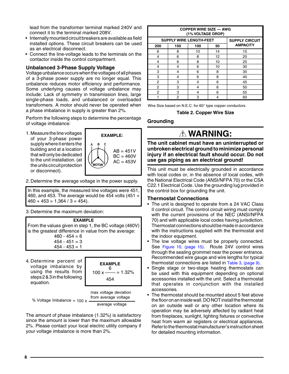 Unbalanced 3-phase supply voltage, Grounding, Thermostat connections | The unit. see, Warning | Reznor P8SE Unit Installation Manual User Manual | Page 8 / 20
