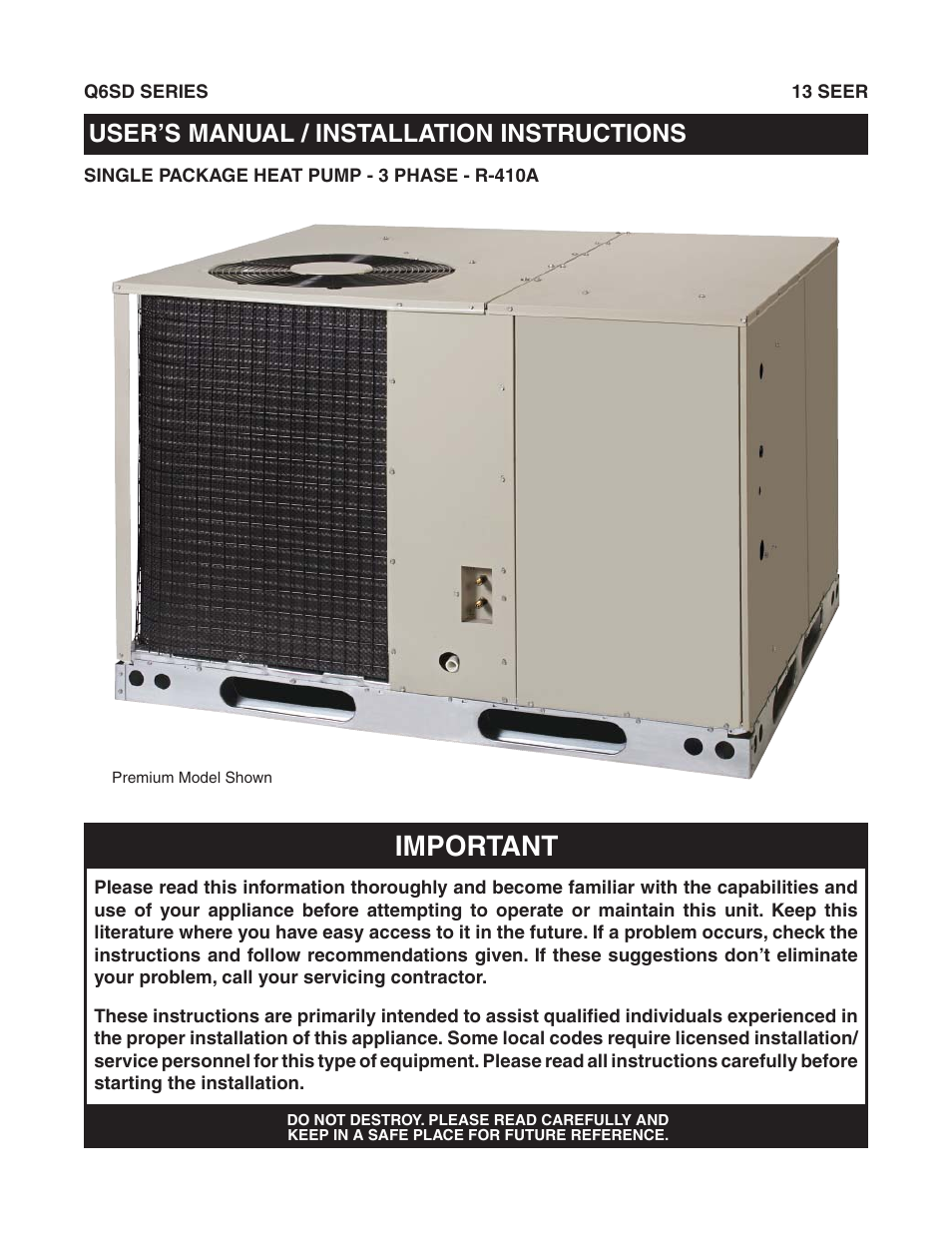 Reznor Q6SD (3ph) Unit Installation Manual User Manual | 24 pages