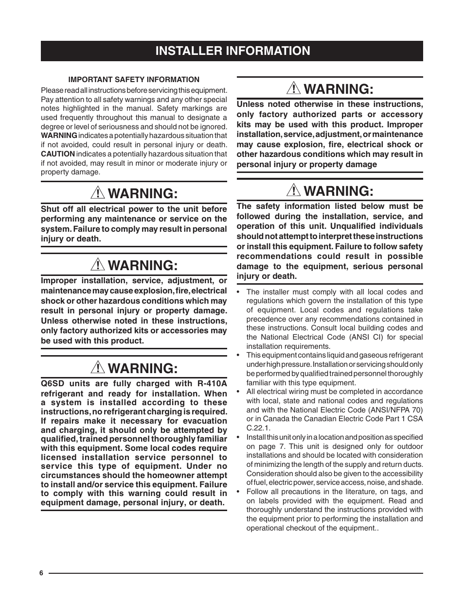 Warning, Installer information | Reznor Q6SD (3ph) Unit Installation Manual User Manual | Page 6 / 24