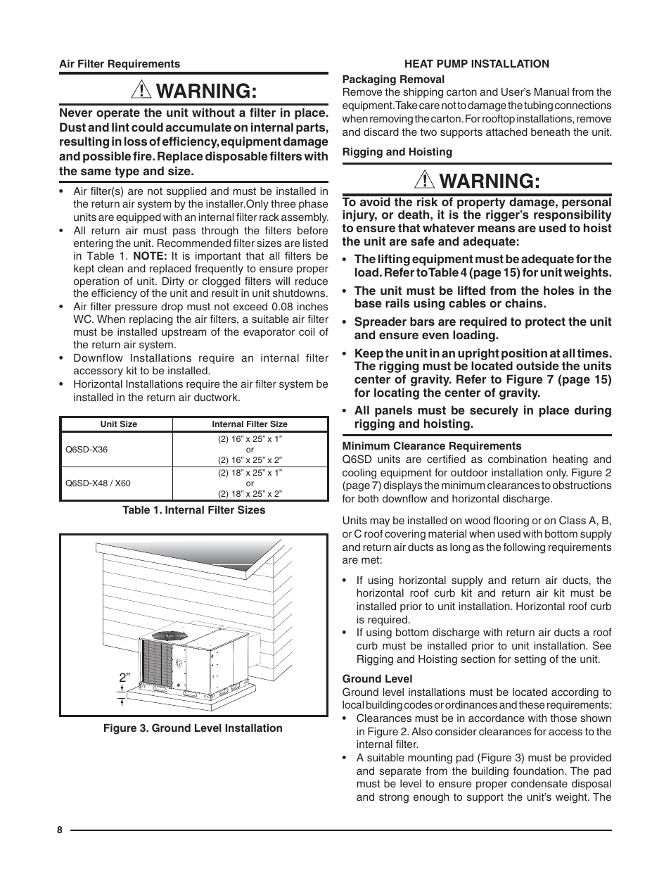 Warning | Reznor Q6SD (3ph) Unit Installation Manual User Manual | Page 8 / 24