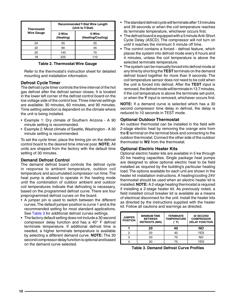 Defrost cycle timer, Demand defrost control, Optional outdoor thermostat | Optional electric heater kits, Mostat connections are listed in, Table 2 | Reznor Q6SE Unit Installation Manual User Manual | Page 10 / 20