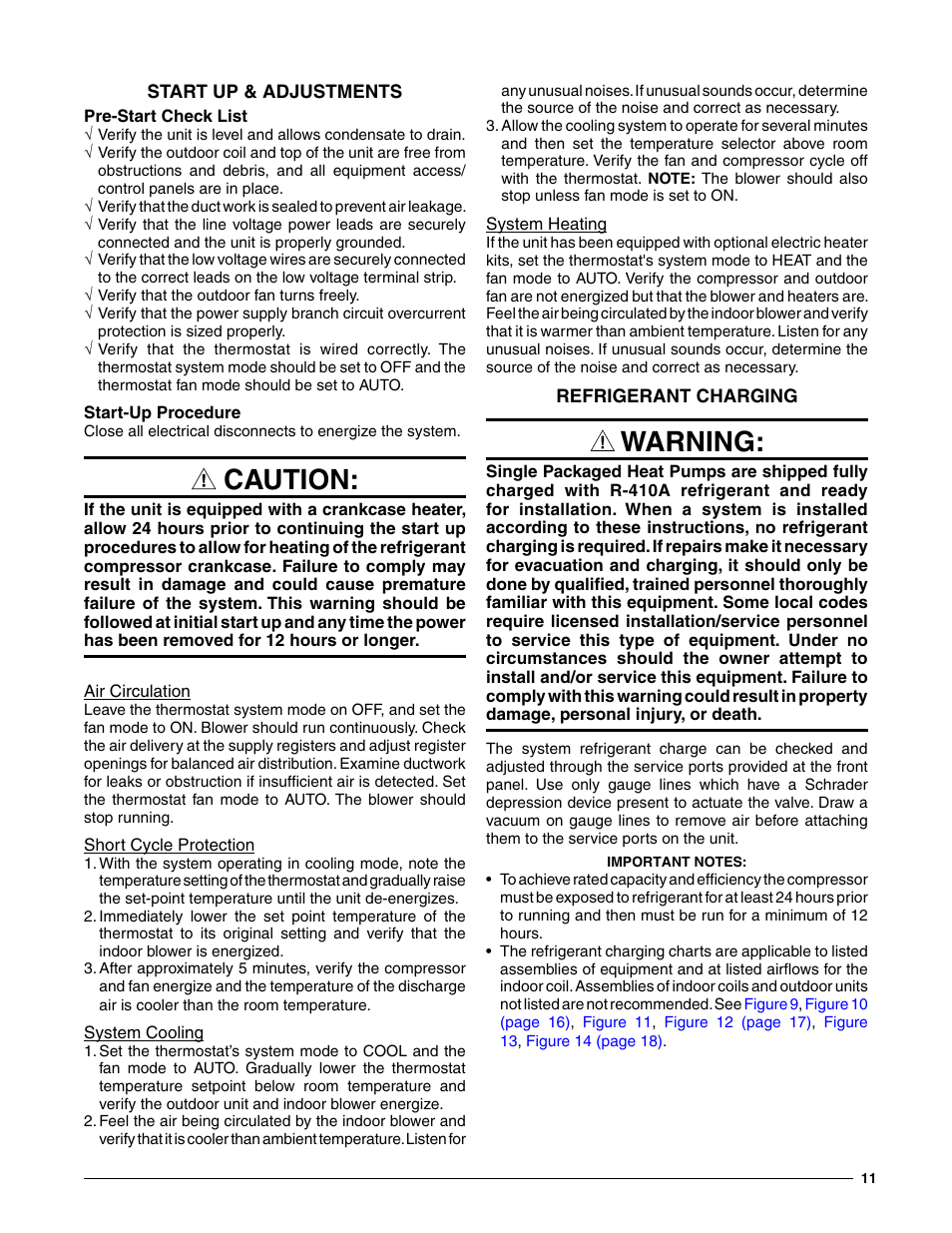 Start up & adjustments, Pre-start check list, Start-up procedure | Air circulation, Short cycle protection, System cooling, System heating, Refrigerant charging, Pre-start check list start-up procedure, Warning | Reznor Q6SE Unit Installation Manual User Manual | Page 11 / 20