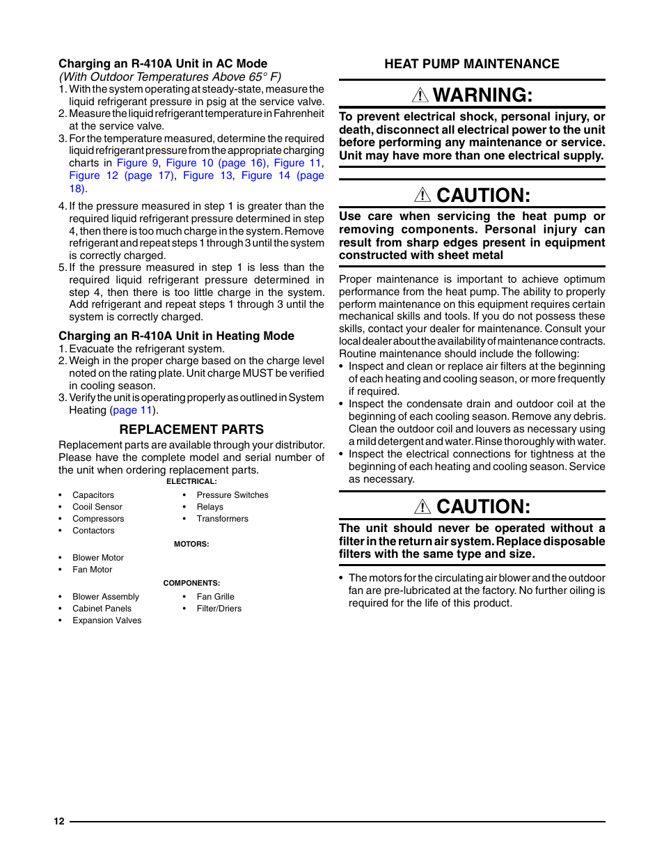 Heat pump maintenance, Charging an r-410a unit in ac mode, Charging an r-410a unit in heating mode | Replacement parts, Warning, Caution | Reznor Q6SE Unit Installation Manual User Manual | Page 12 / 20