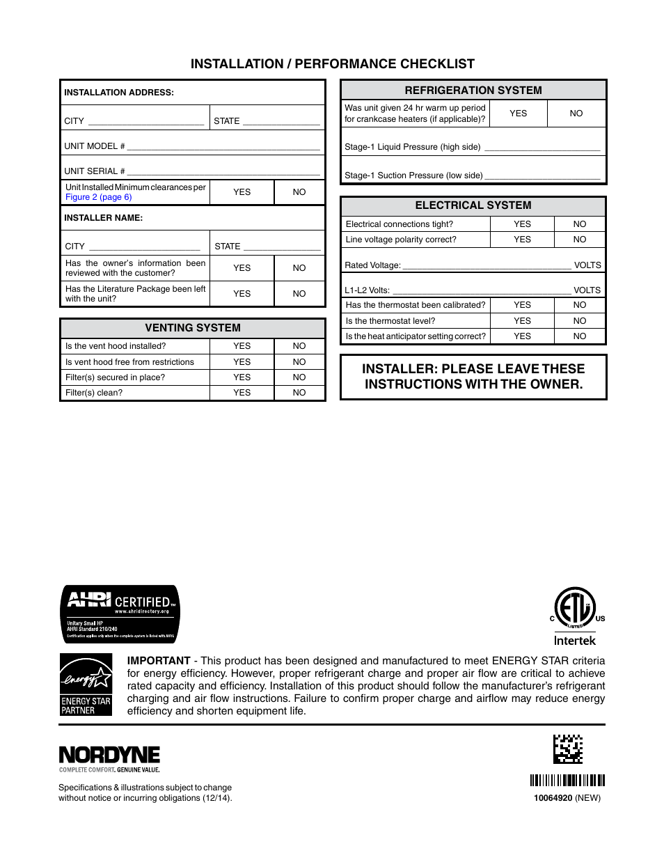 Installation / performance checklist | Reznor Q6SE Unit Installation Manual User Manual | Page 20 / 20