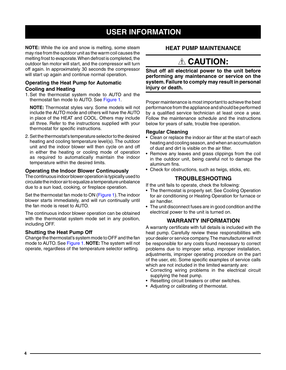 Heat pump maintenance, Regular cleaning, Troubleshooting | Warranty information, Caution, User information | Reznor Q6SE Unit Installation Manual User Manual | Page 4 / 20