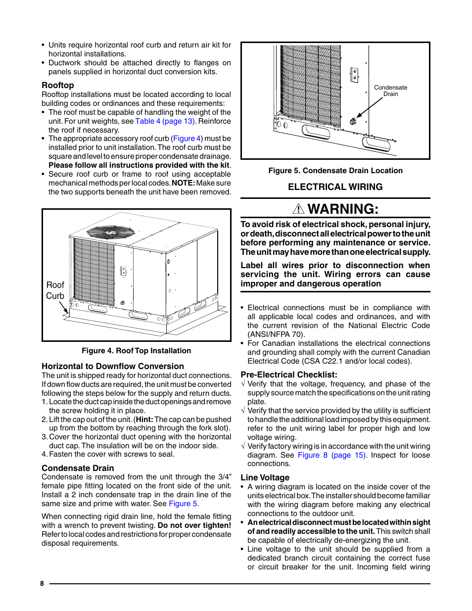 Electrical wiring, Pre-electrical checklist, Line voltage | Rooftop, Horizontal to downflow conversion, Condensate drain, Warning | Reznor Q6SE Unit Installation Manual User Manual | Page 8 / 20