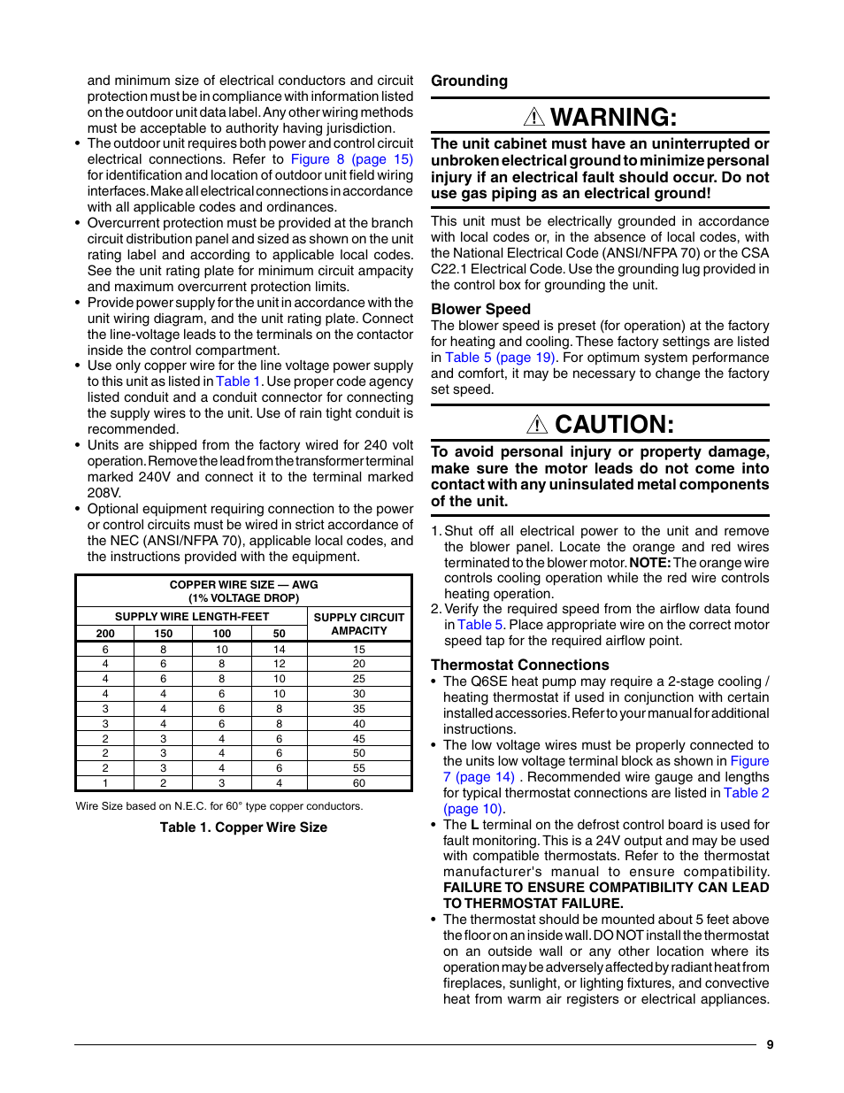 Grounding, Blower speed, Thermostat connections | Grounding blower speed thermostat connections, Warning, Caution | Reznor Q6SE Unit Installation Manual User Manual | Page 9 / 20