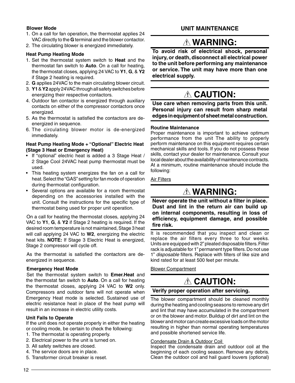 Warning, Caution | Reznor Q6SP Unit Installation Manual User Manual | Page 12 / 32