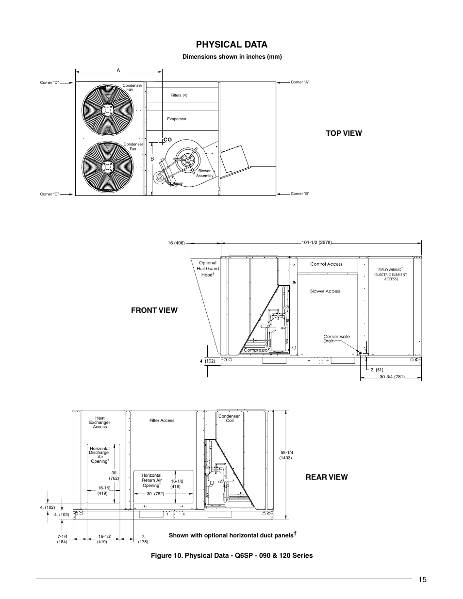 Physical data, 15 top view rear view, Front view | Reznor Q6SP Unit Installation Manual User Manual | Page 15 / 32