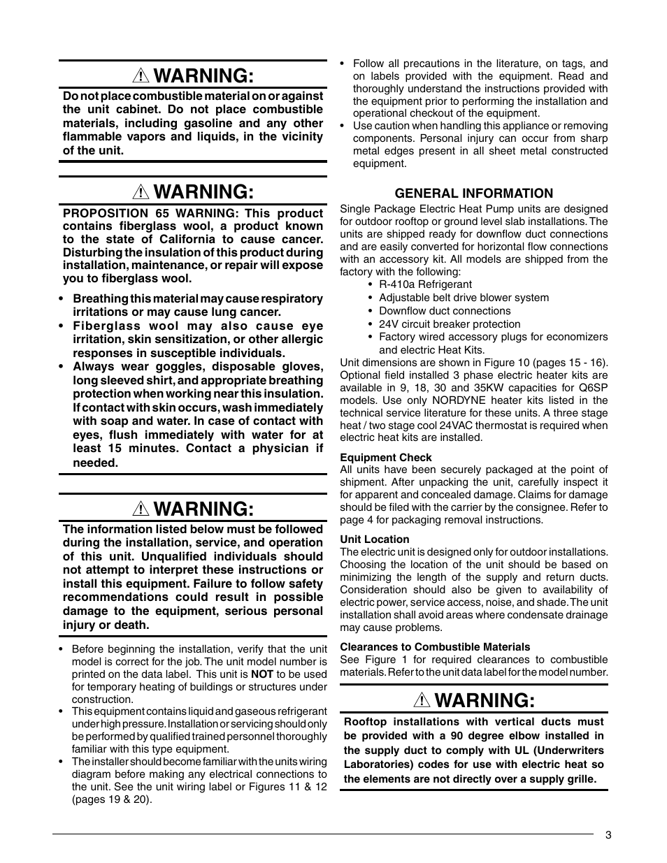 Warning | Reznor Q6SP Unit Installation Manual User Manual | Page 3 / 32