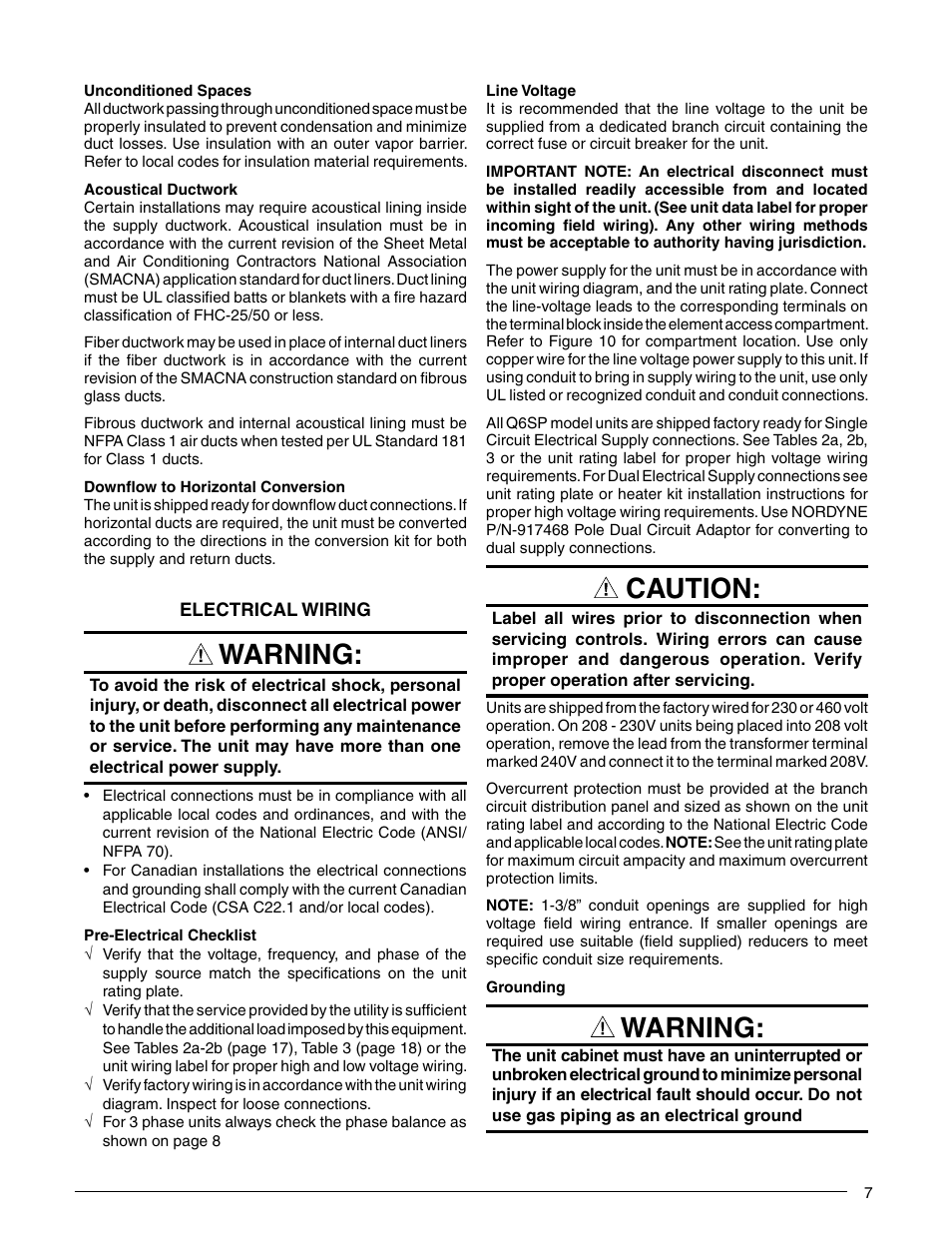 Caution, Warning | Reznor Q6SP Unit Installation Manual User Manual | Page 7 / 32