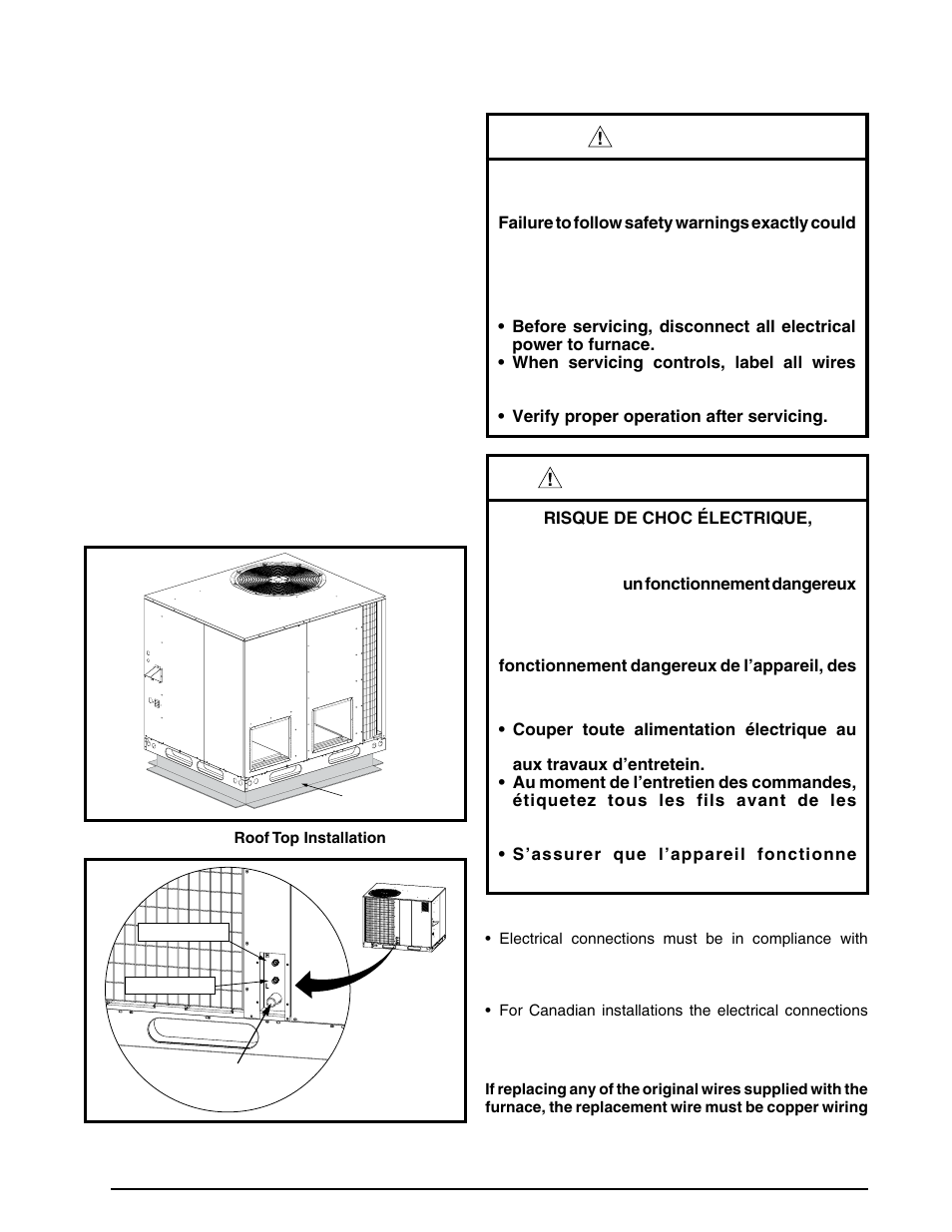 Horizontal to downflow conversion, Condensate drain, Electrical wiring | Horizontal to downflow conversion condensate drain, Avertissement, Warning | Reznor R6GI Unit Installation Manual User Manual | Page 10 / 40