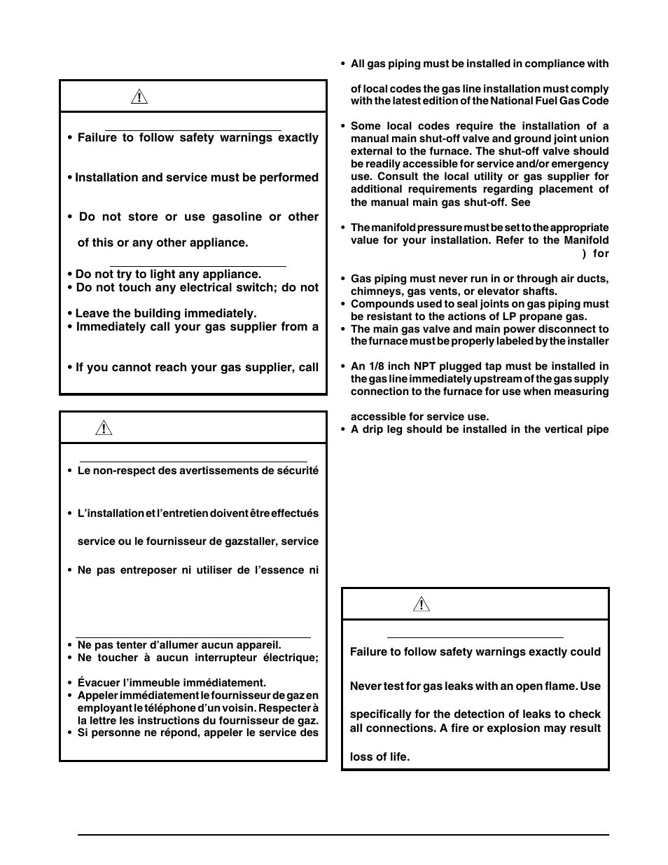 Gas supply & piping, Leak check, Avertissement | Warning | Reznor R6GI Unit Installation Manual User Manual | Page 14 / 40