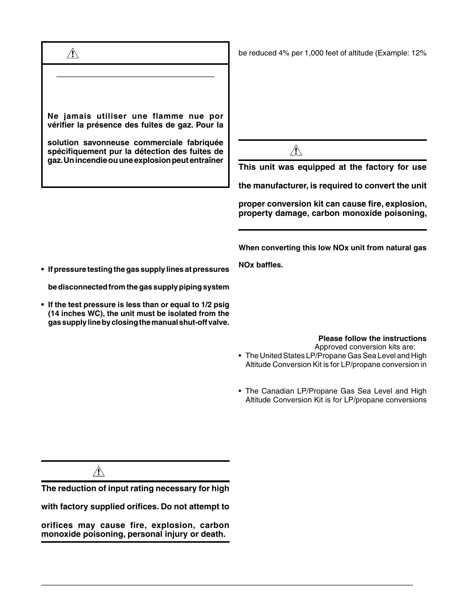 High altitude conversion, Lp/propane gas conversion, High altitude conversion lp/propane gas conversion | Warning, Avertissement | Reznor R6GI Unit Installation Manual User Manual | Page 15 / 40