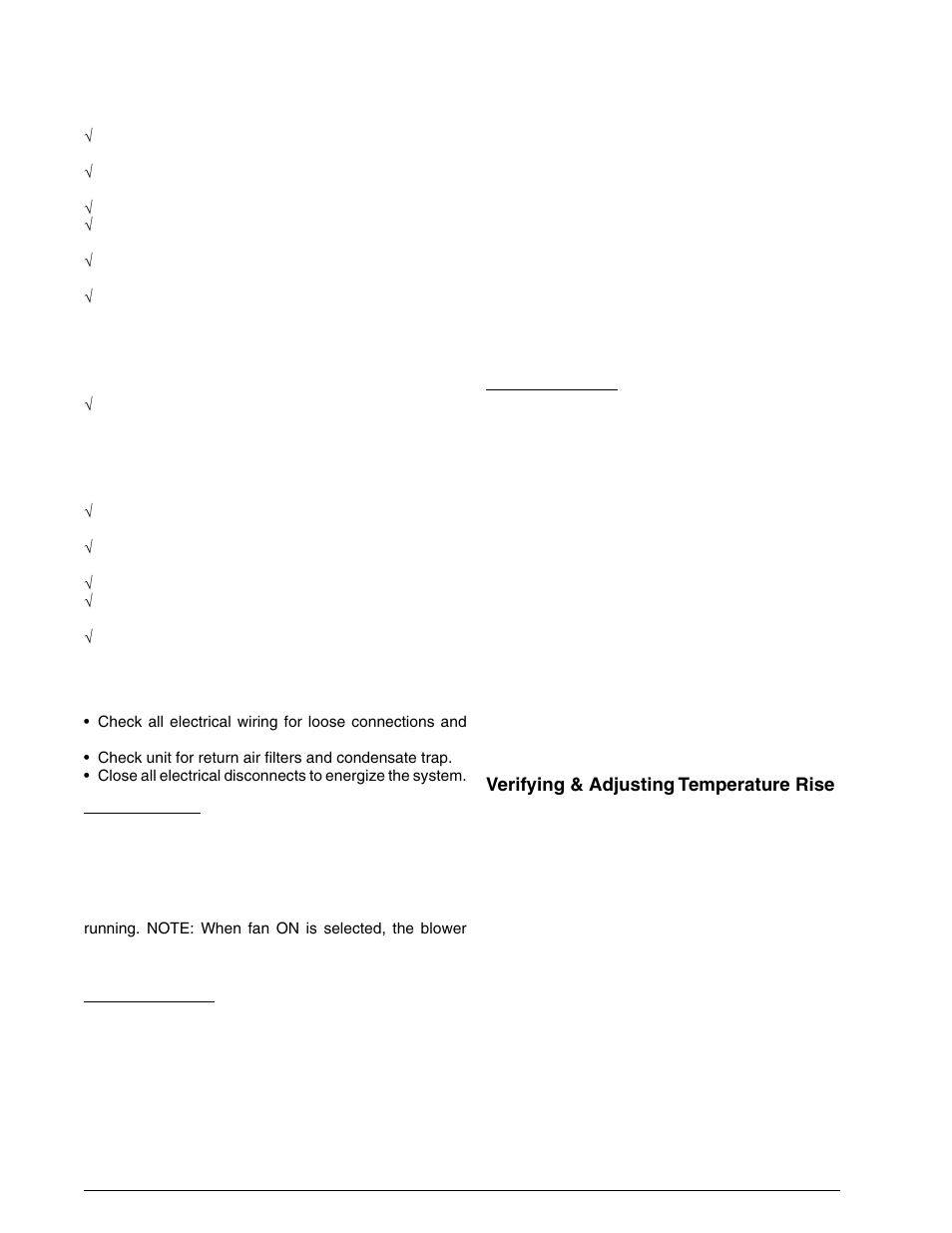 Start up & adjustments, Pre-start check list, Start-up procedure | Air circulation, System cooling, System heating, Verifying & adjusting temperature rise, Pre-start check list start-up procedure, Air circulation system cooling system heating | Reznor R6GI Unit Installation Manual User Manual | Page 17 / 40