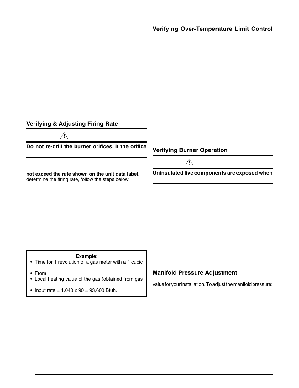 Verifying & adjusting firing rate, Verifying over-temperature limit control operation, Verifying burner operation | Manifold pressure adjustment, Firing rate section on, Caution, Warning | Reznor R6GI Unit Installation Manual User Manual | Page 18 / 40