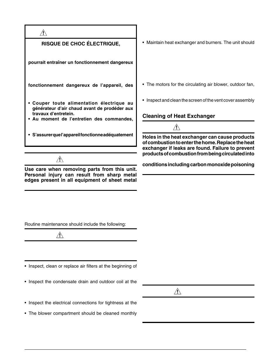 Cleaning of heat exchanger, Warning, Caution | Avertissement | Reznor R6GI Unit Installation Manual User Manual | Page 21 / 40