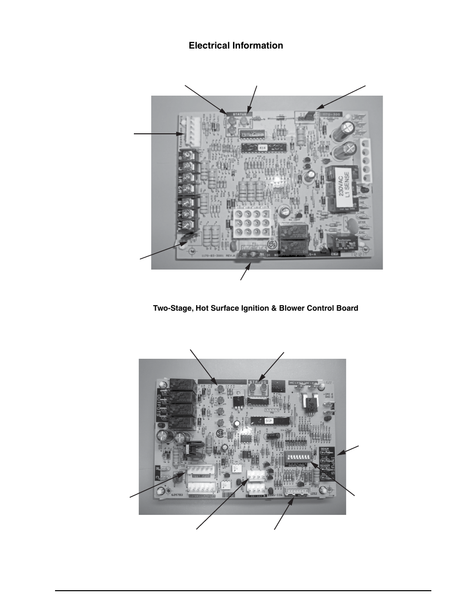 Electrical information, Figure 13. vshe blower control board, Figure 12. two-stage, hot surface ignition | Blower control board, From low to high heat mode. see, Operation located on the blower control board. see, Figure, For dip switch location | Reznor R6GI Unit Installation Manual User Manual | Page 30 / 40