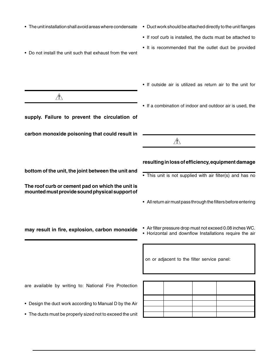 Circulating air supply, Air ducts, Air filter requirements | Air ducts air filter requirements, Warning | Reznor R6GI Unit Installation Manual User Manual | Page 8 / 40