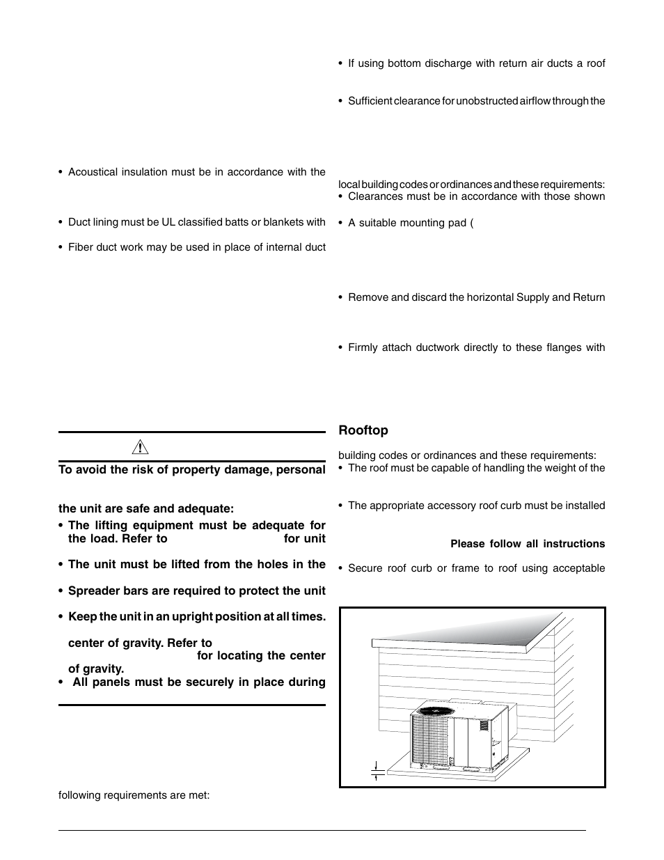 Unconditioned spaces, Acoustical duct work, Unit installation | Packaging removal, Rigging & hoisting, Clearances to combustible materials, Ground level, Rooftop, Unconditioned spaces acoustical duct work, Warning | Reznor R6GI Unit Installation Manual User Manual | Page 9 / 40