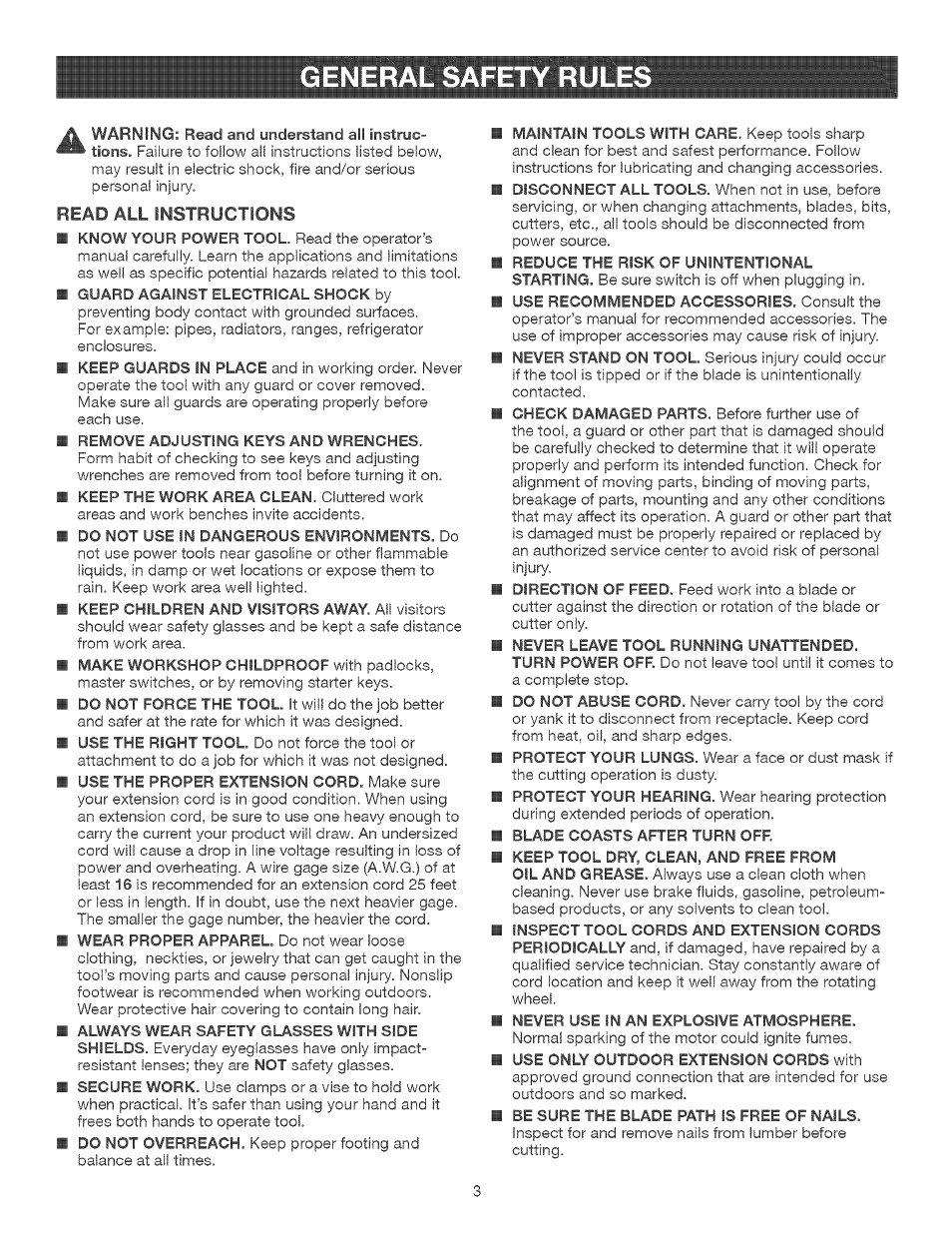 General safety rules | Craftsman 315.214770 User Manual | Page 3 / 32