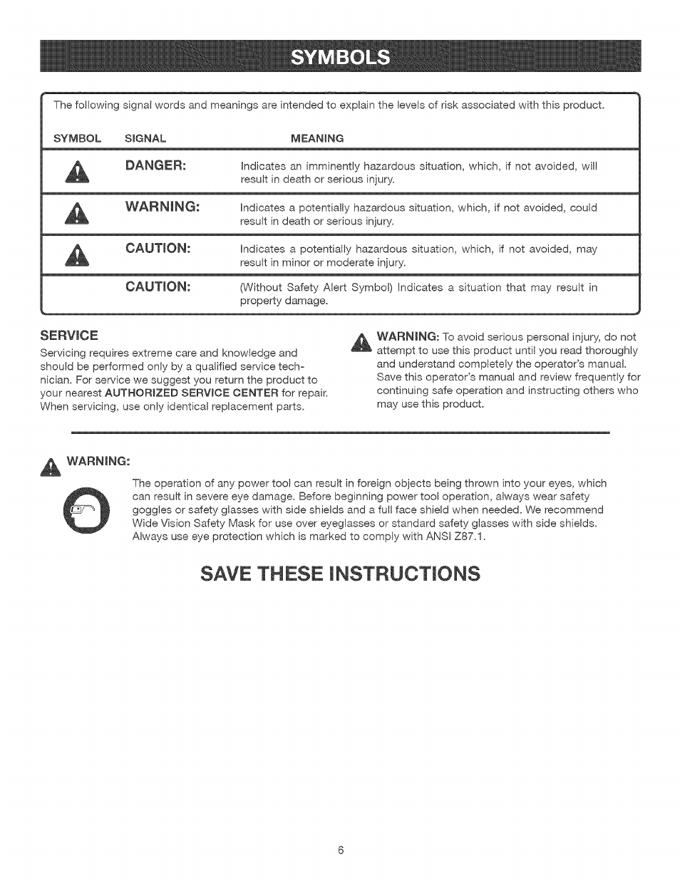 Symbols, Save these instructions | Craftsman 315.214770 User Manual | Page 6 / 32