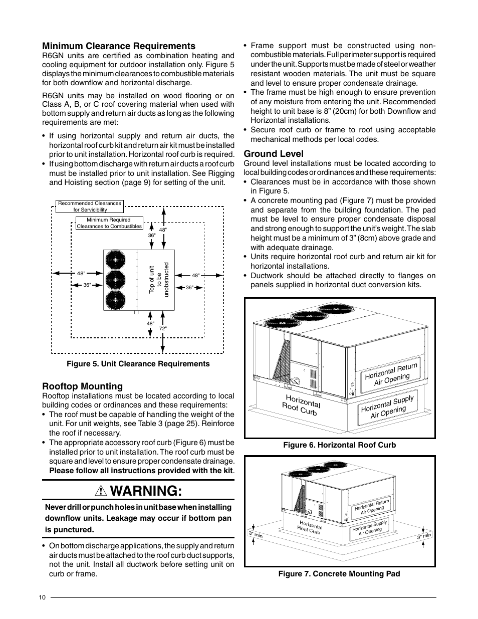 Warning, Rooftop mounting, Minimum clearance requirements | Ground level | Reznor R6GN Unit Installation Manual User Manual | Page 10 / 36