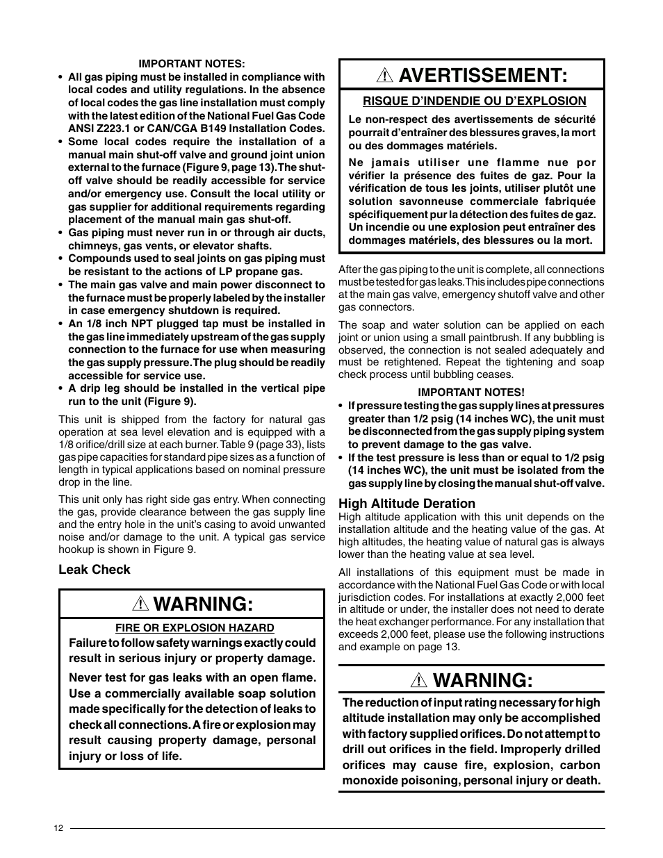 Warning, Avertissement | Reznor R6GN Unit Installation Manual User Manual | Page 12 / 36