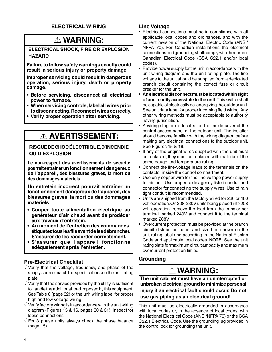 Warning, Avertissement | Reznor R6GN Unit Installation Manual User Manual | Page 14 / 36