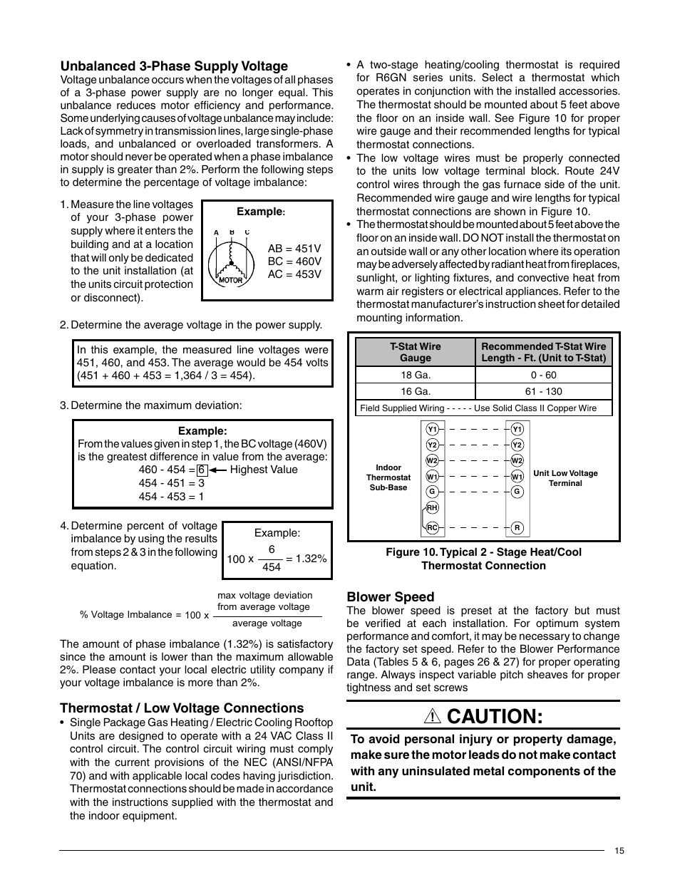 Caution, Unbalanced 3-phase supply voltage, Thermostat / low voltage connections | Blower speed | Reznor R6GN Unit Installation Manual User Manual | Page 15 / 36