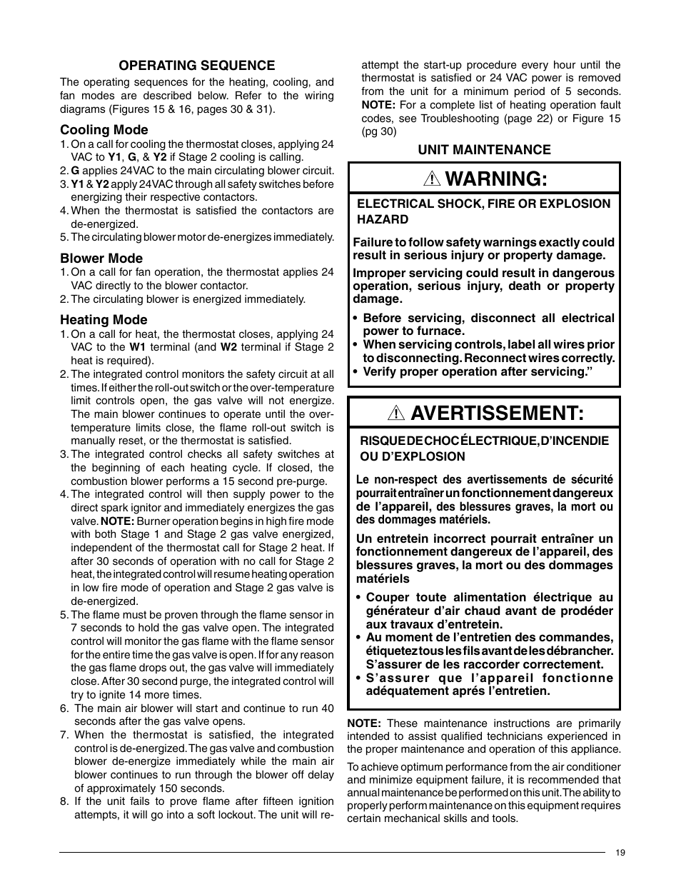 Warning, Avertissement | Reznor R6GN Unit Installation Manual User Manual | Page 19 / 36