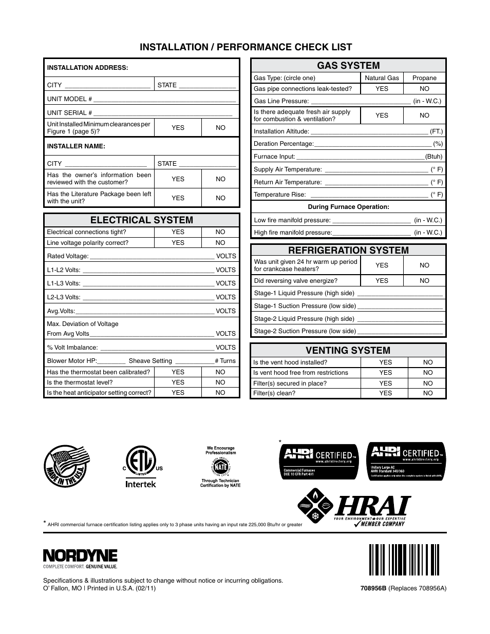 Installation / performance check list gas system, Refrigeration system, Electrical system | Venting system | Reznor R6GN Unit Installation Manual User Manual | Page 36 / 36