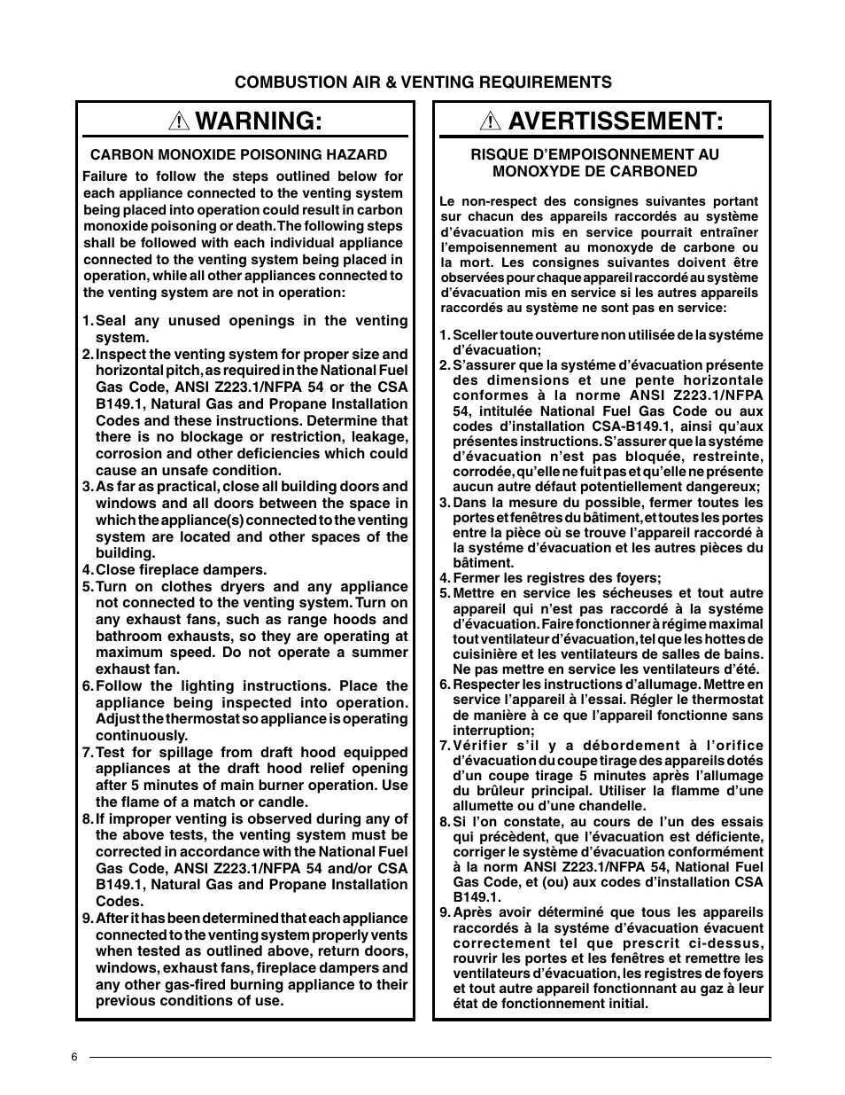 Warning, Avertissement | Reznor R6GN Unit Installation Manual User Manual | Page 6 / 36
