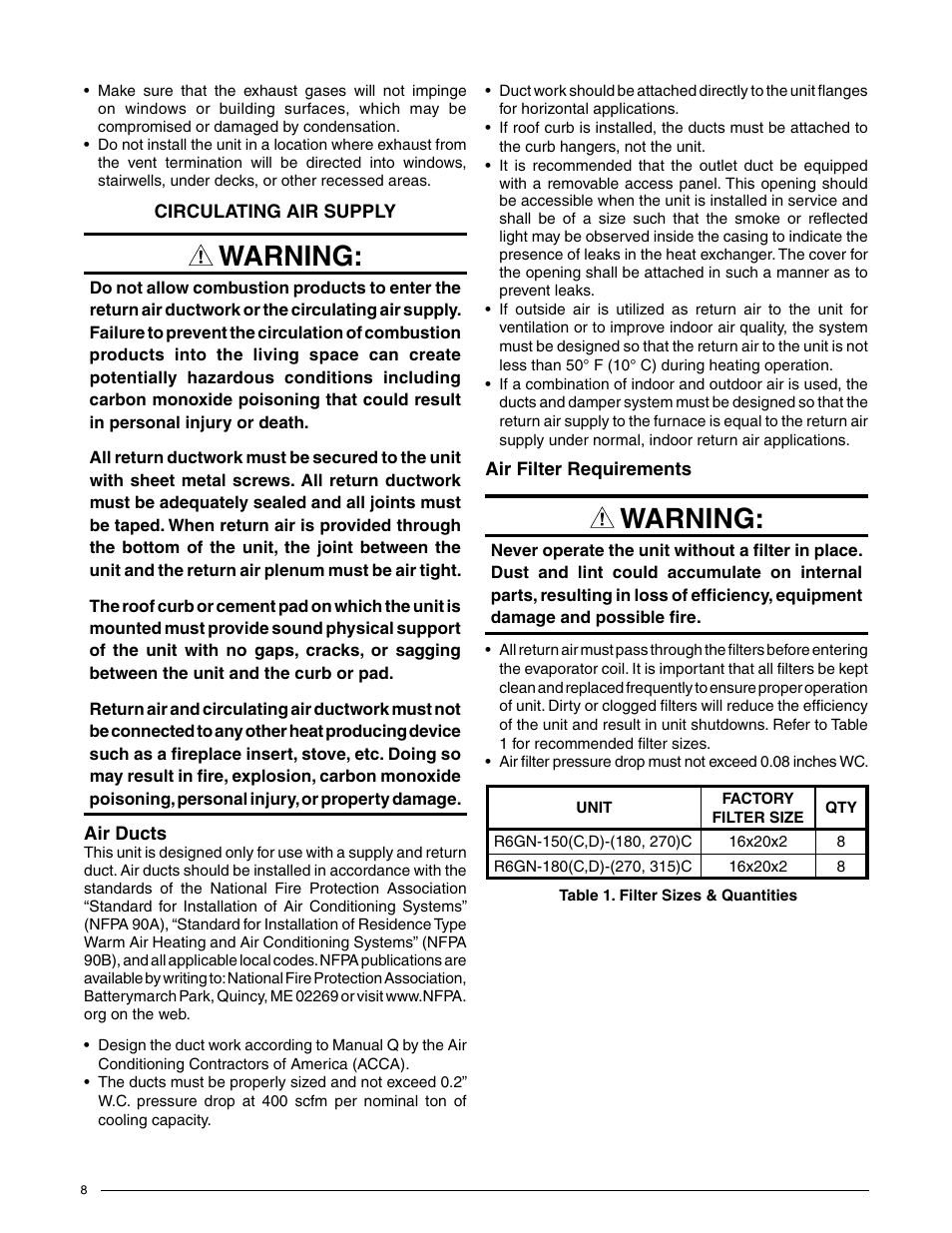 Warning | Reznor R6GN Unit Installation Manual User Manual | Page 8 / 36