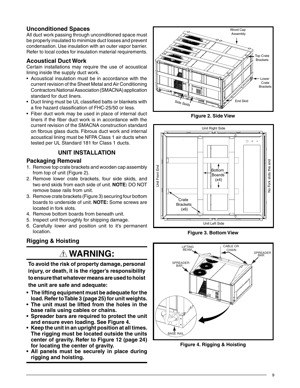 Warning, Unconditioned spaces, Acoustical duct work | Unit installation packaging removal, Rigging & hoisting | Reznor R6GN Unit Installation Manual User Manual | Page 9 / 36
