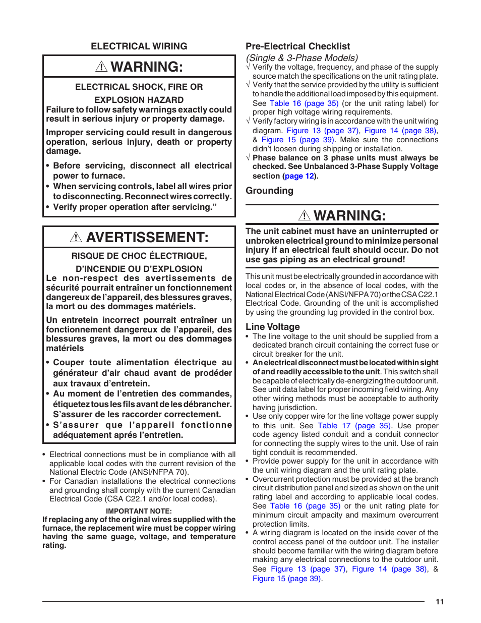 Electrical wiring, Pre-electrical checklist, Grounding | Line voltage, Warning, Avertissement | Reznor R8HE Unit Installation Manual User Manual | Page 11 / 52
