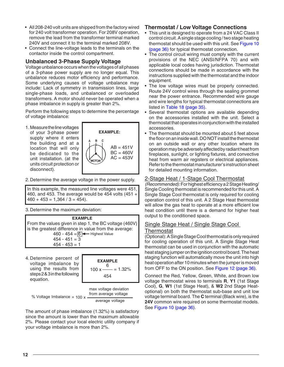 Unbalanced 3-phase supply voltage, Thermostat / low voltage connections, Stage heat / 1-stage cool thermostat | Single stage heat / single stage cool thermostat | Reznor R8HE Unit Installation Manual User Manual | Page 12 / 52