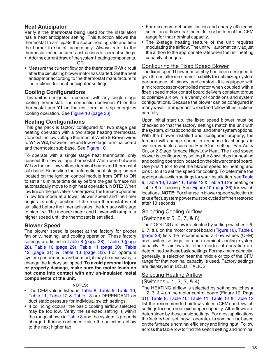 Heat anticipator, Cooling configurations, Heating configurations | Blower speed, Configuring the fixed speed blower, Selecting cooling airflow, Selecting heating airflow | Reznor R8HE Unit Installation Manual User Manual | Page 13 / 52