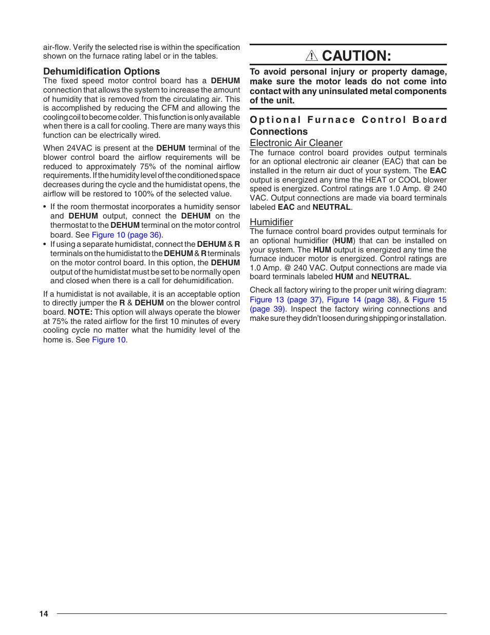 Dehumidification options, Optional furnace control board connections, Electronic air cleaner | Humidifier, Caution | Reznor R8HE Unit Installation Manual User Manual | Page 14 / 52
