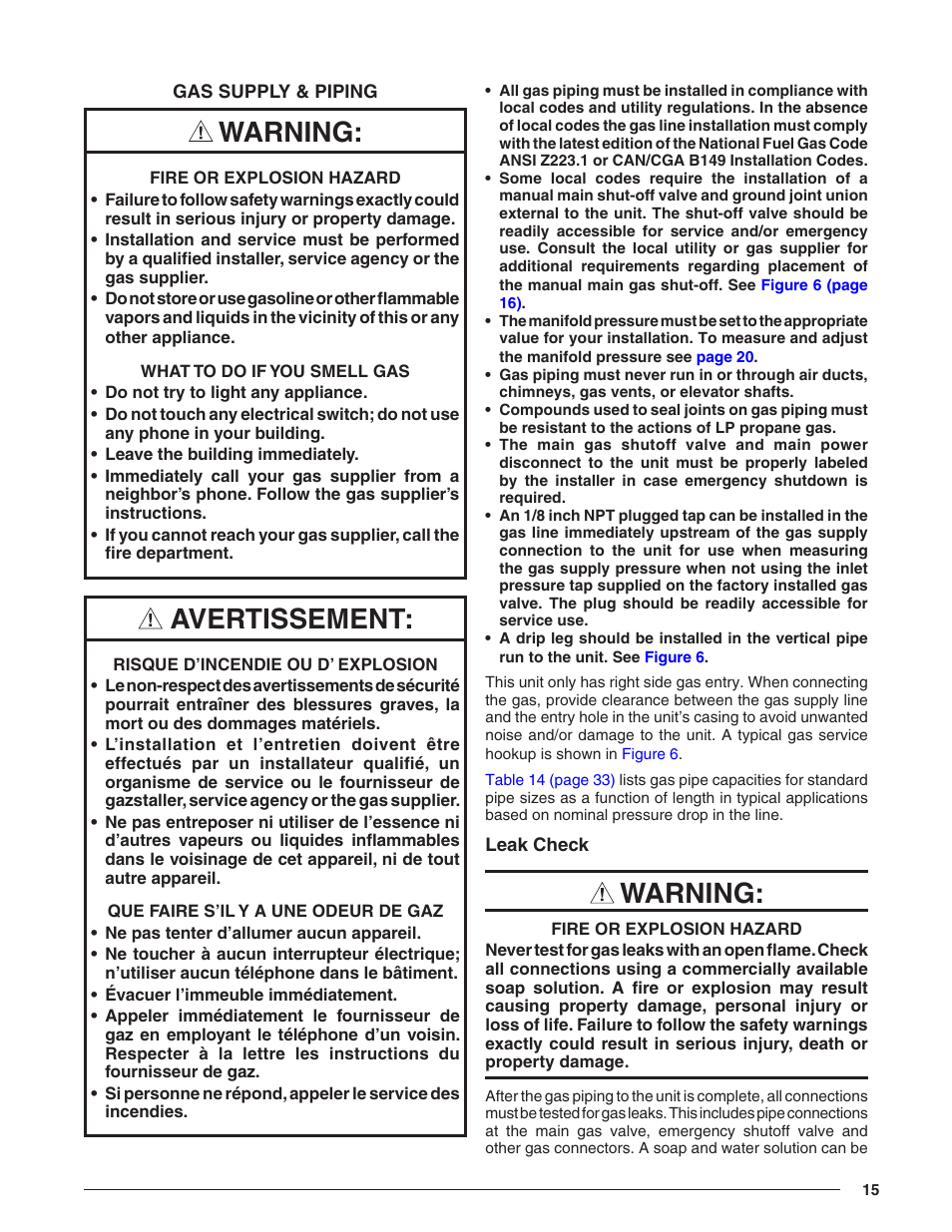 Gas supply & piping, Leak check, Warning | Avertissement | Reznor R8HE Unit Installation Manual User Manual | Page 15 / 52