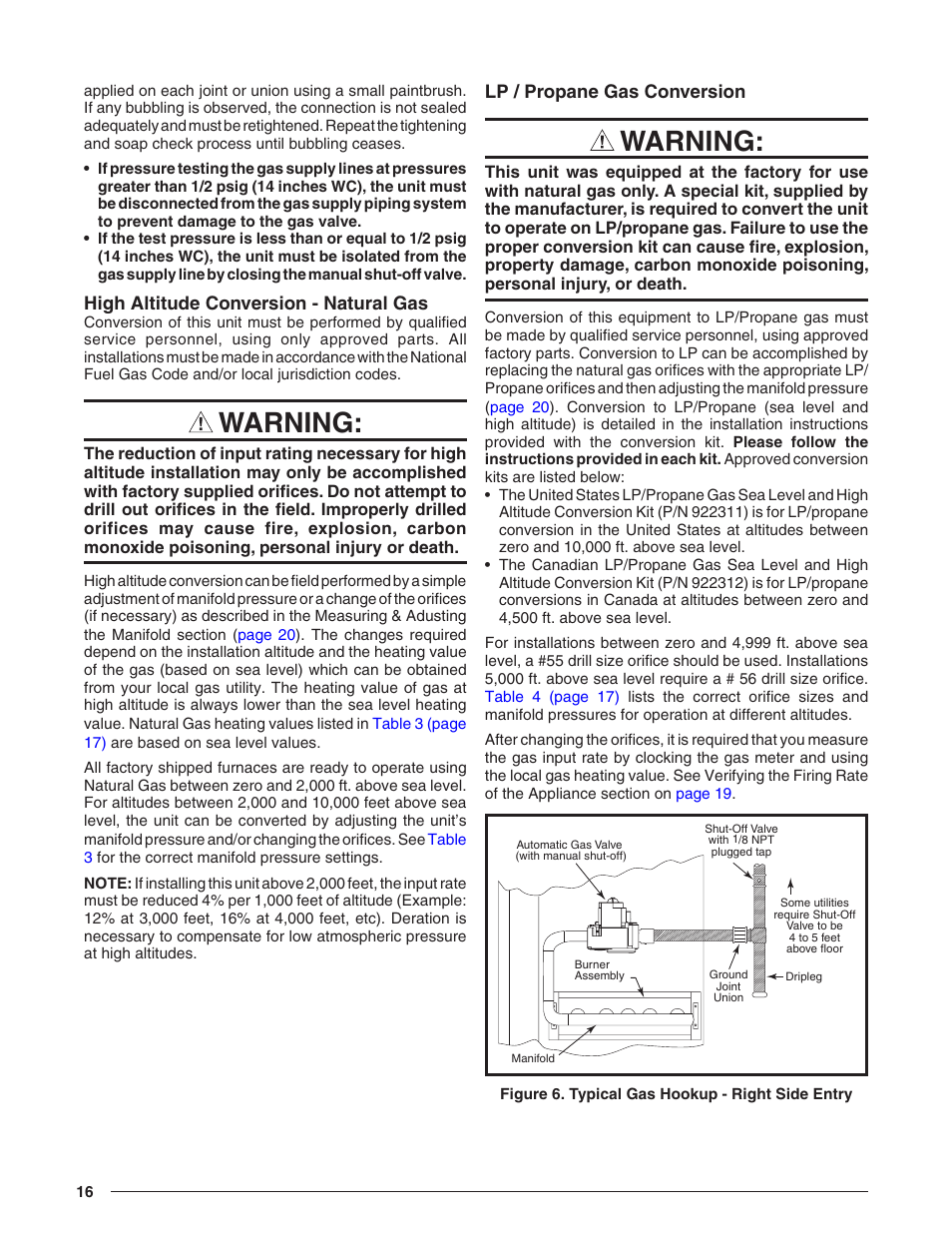 High altitude conversion - natural gas, Lp / propane gas conversion, Figure 6 | Hookup is shown in, Warning | Reznor R8HE Unit Installation Manual User Manual | Page 16 / 52