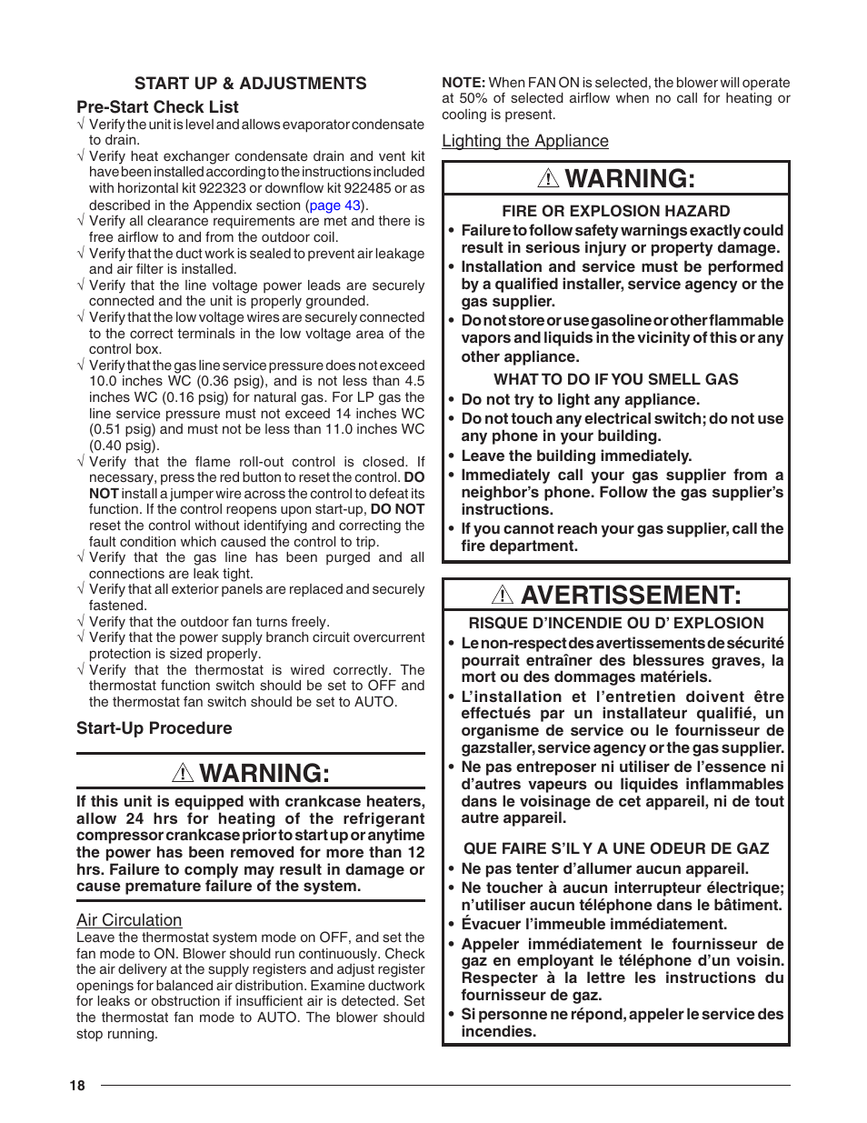 Start up & adjustments, Pre-start check list, Start-up procedure | Air circulation, Lighting the appliance, Warning, Avertissement | Reznor R8HE Unit Installation Manual User Manual | Page 18 / 52