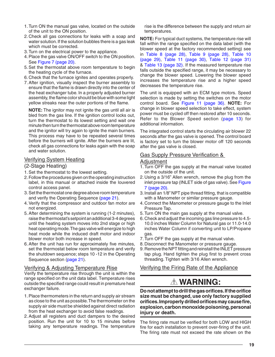 Verifying system heating, Verifying & adjusting temperature rise, Gas supply pressure verification & adjustment | Verifying the firing rate of the appliance, Of the appliance section on, Warning | Reznor R8HE Unit Installation Manual User Manual | Page 19 / 52