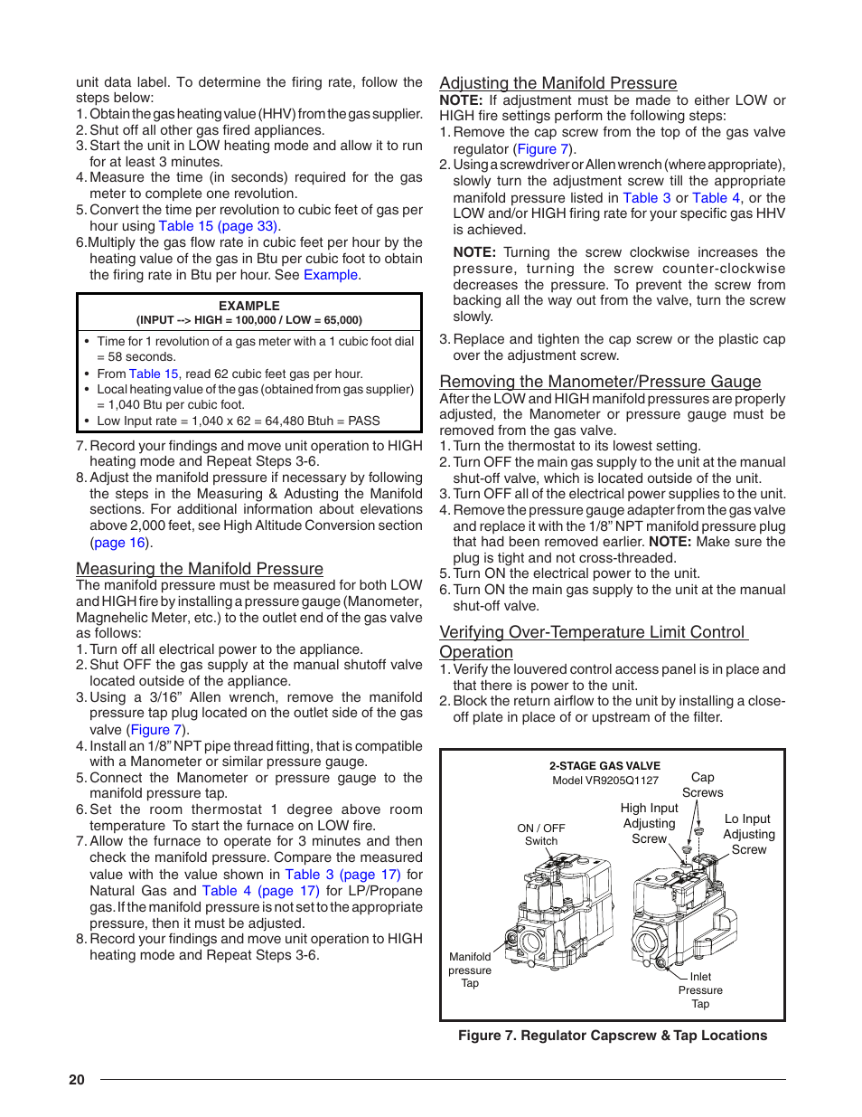 Measuring the manifold pressure, Adjusting the manifold pressure, Removing the manometer/pressure gauge | Verifying over-temperature limit control operation, The manifold section, Conversion to lp/propane (sea level and, Figure | Reznor R8HE Unit Installation Manual User Manual | Page 20 / 52