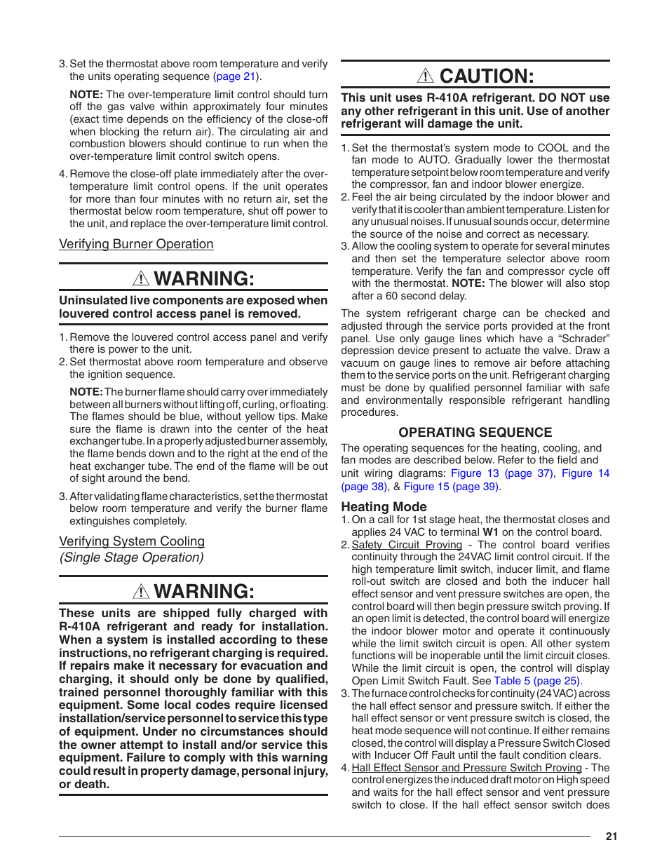 Verifying burner operation, Verifying system cooling, Operating sequence | Heating mode, Ating sequence, Warning, Caution | Reznor R8HE Unit Installation Manual User Manual | Page 21 / 52