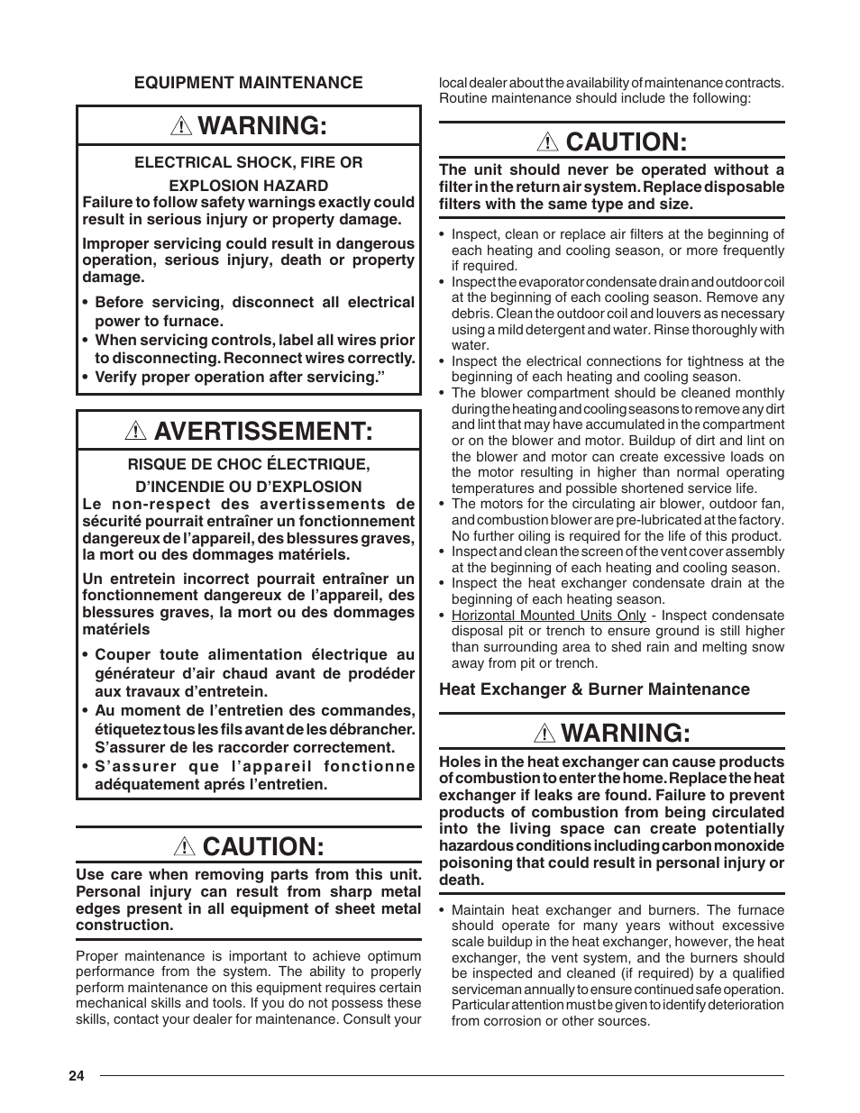 Equipment maintenance, Heat exchanger & burner maintenance, Caution | Warning, Avertissement | Reznor R8HE Unit Installation Manual User Manual | Page 24 / 52