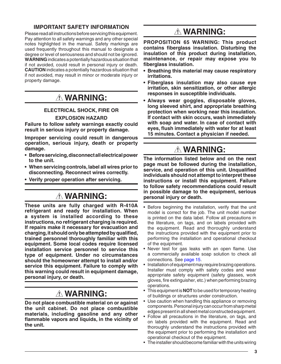Important safety information, Warning | Reznor R8HE Unit Installation Manual User Manual | Page 3 / 52