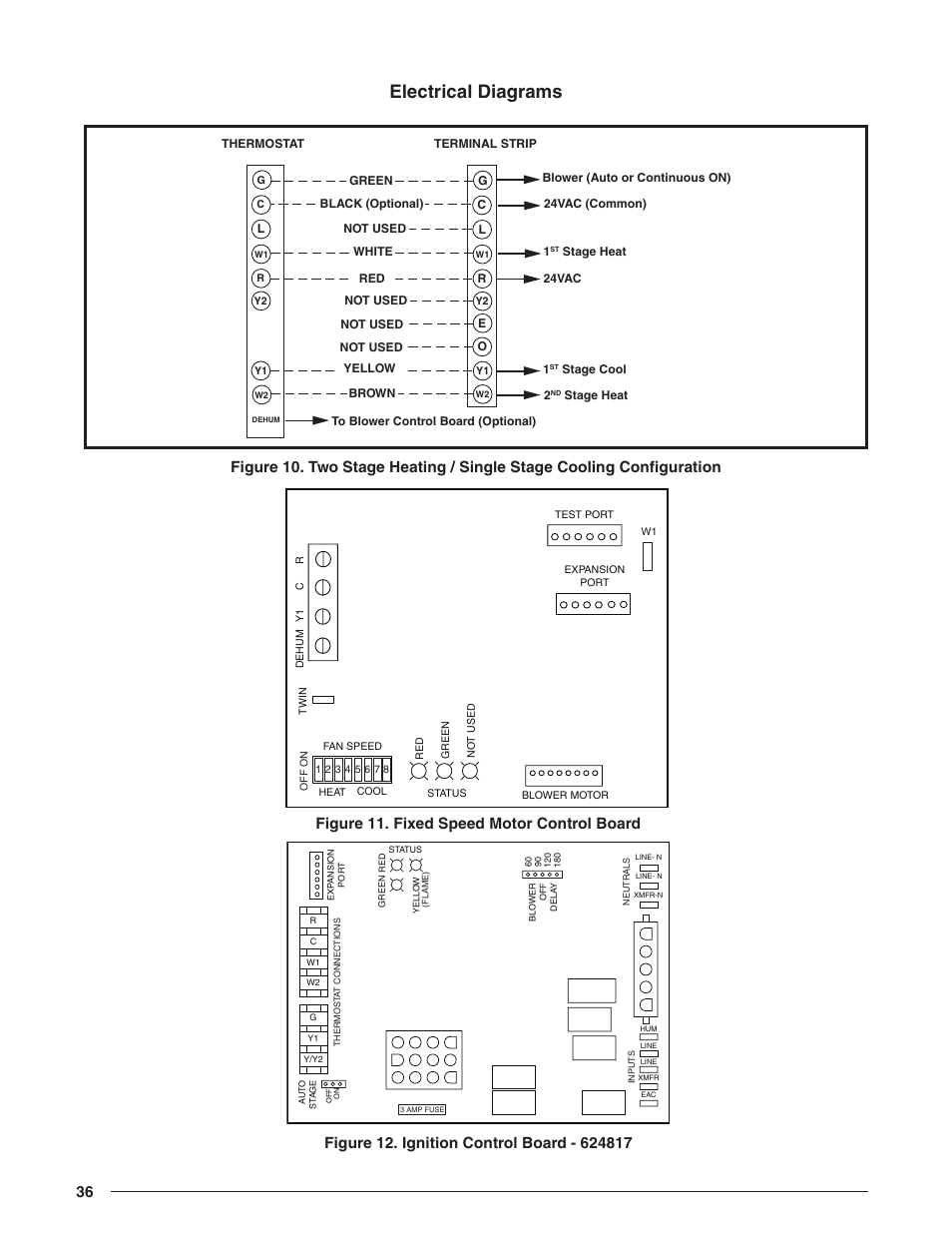 Electrical diagrams, Configuration, Figure 11. fixed speed motor control board | Figure 12. ignition control board - 624817, Figure 10, And thermostat sub-base. see, For switch, 6, 7, & 8 on the motor control board, Home is. see | Reznor R8HE Unit Installation Manual User Manual | Page 36 / 52